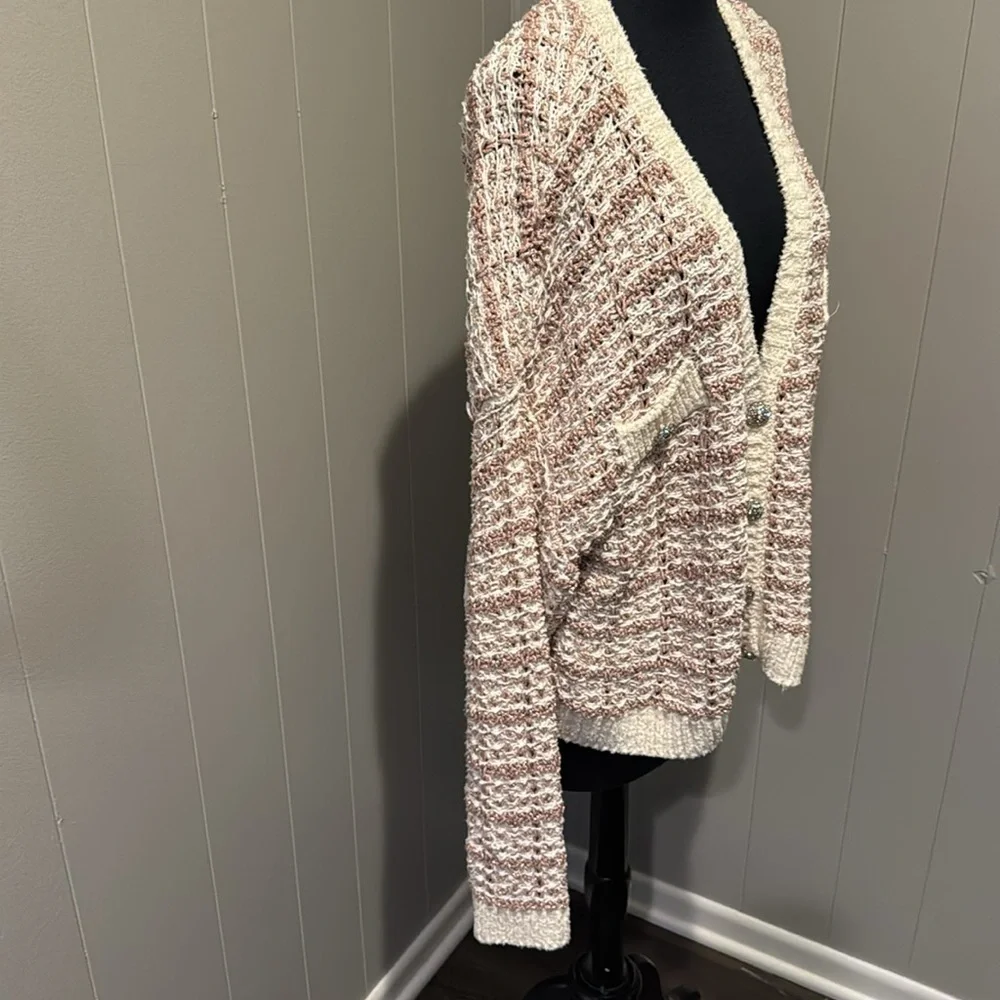 ZARA tweed sparkle rose gold crystal jewel button loose knit cardigan. Medium.